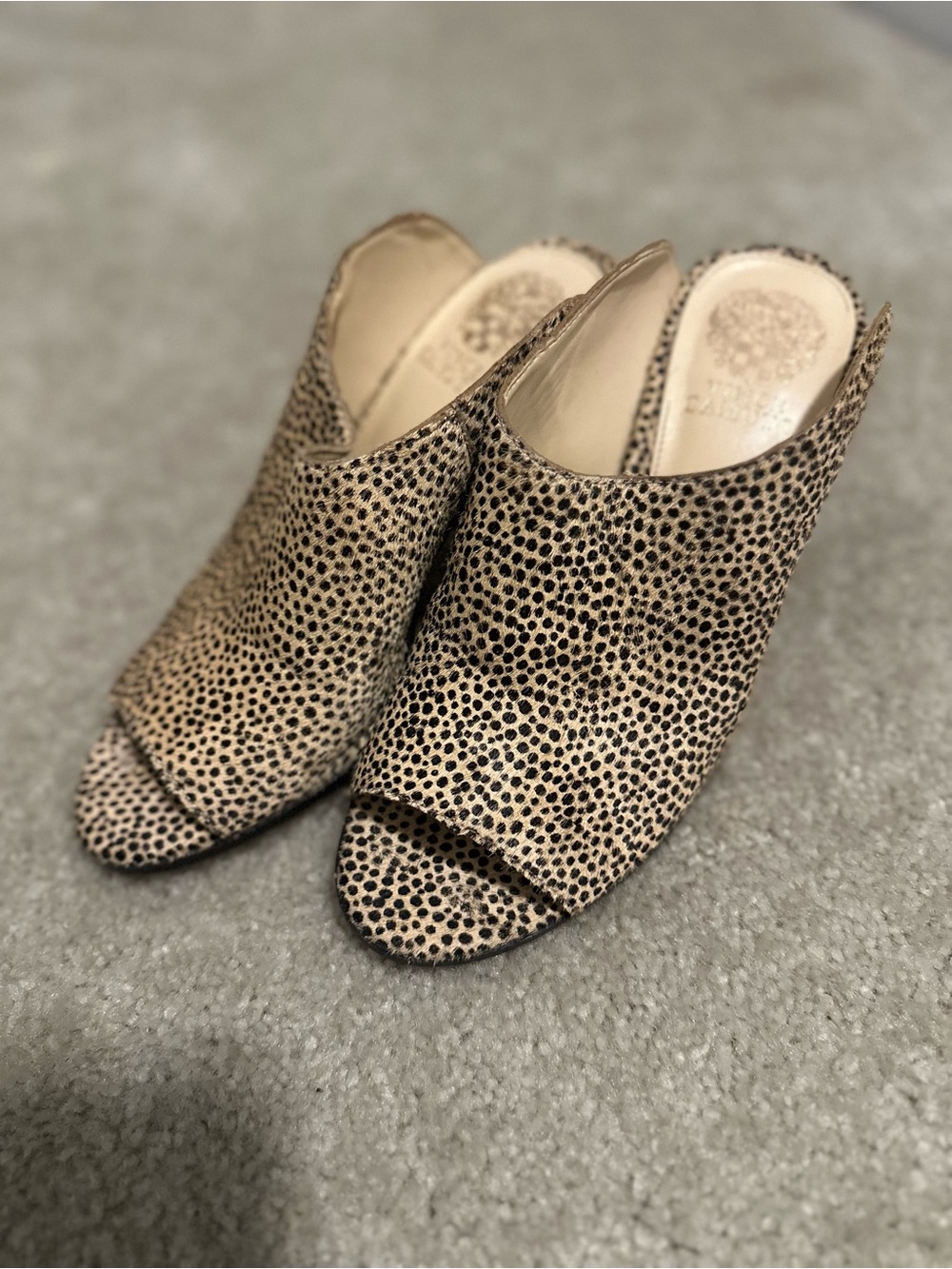Vince Camuto Tan and Black Dotted Open-Toe Mules